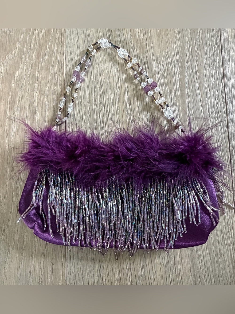 Purple Mini Evening Bag with feathers and Bead Fringe